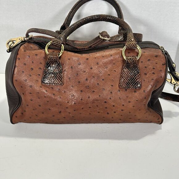 Cynthia Rowley Large Two Tone Brown Leather Satchel Snakeskin And Ostrich Print - Picture 2 of 16